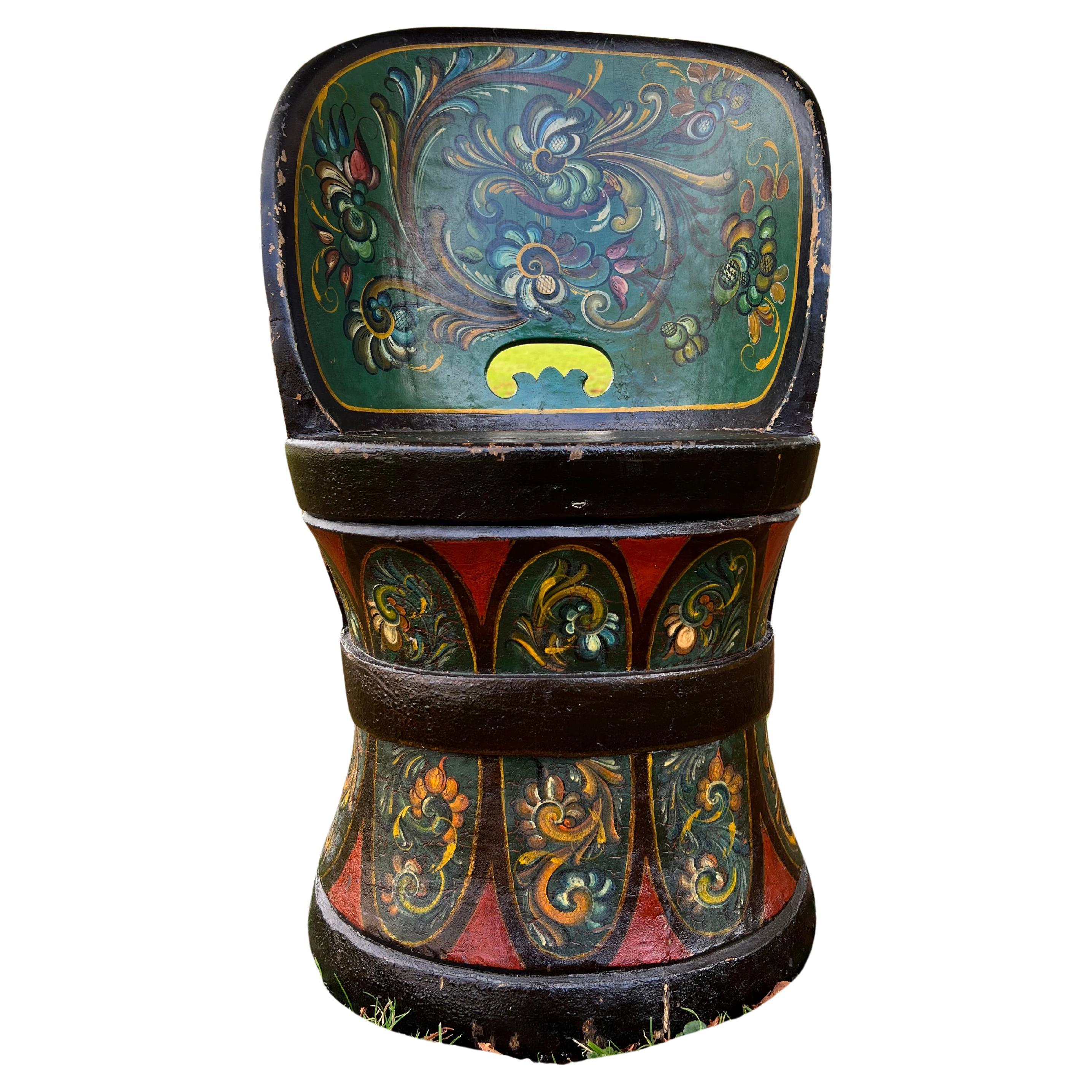 Rare Norwegian Kubbestol, Primitive Telemark Rosemaling, Norway, c.1880-1920 For Sale