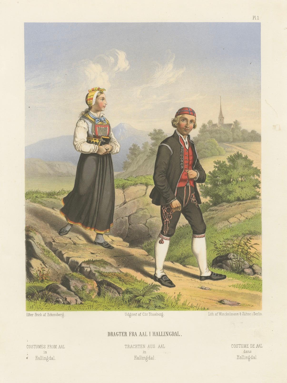 Norwegian Folk Costumes from Aal in Hallingdal – Tonsberg Edition, 1860s

This finely detailed 19th-century chromolithograph portrays traditional costumes from the town of Aal in the Hallingdal region of Norway. A man and woman are shown walking