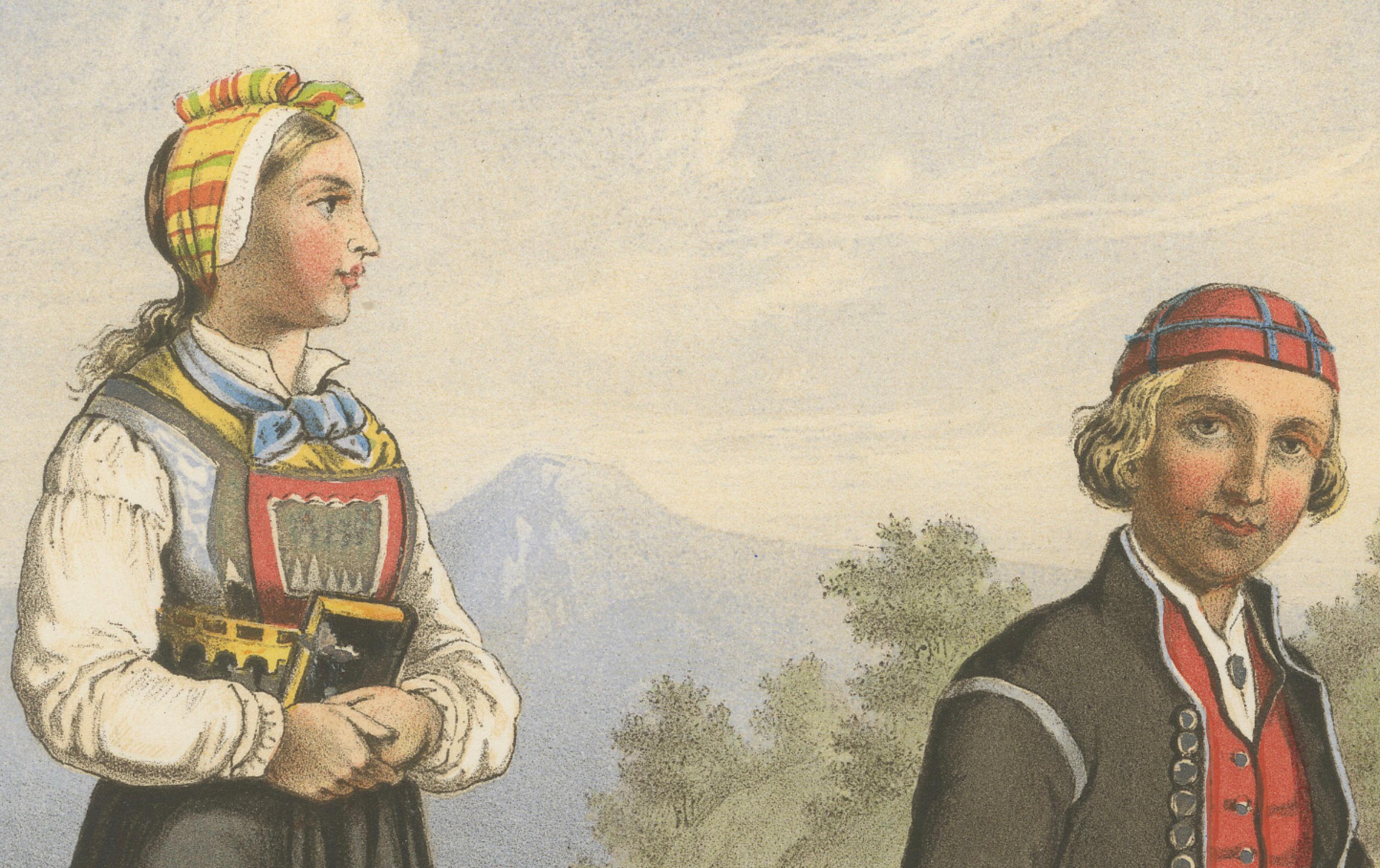 Norwegian Folk Costumes from Aal in Hallingdal – Tønsberg Edition, 1860s Mediados del siglo XIX en venta