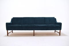 Norwegian Fredrik Kayser Blue Velvet Rosewood Four-Seat Sofa Midcentury, 1960s