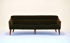 Norwegian Green Velour and Teak Curved Four-Seat Sofa, Midcentury, 1960s