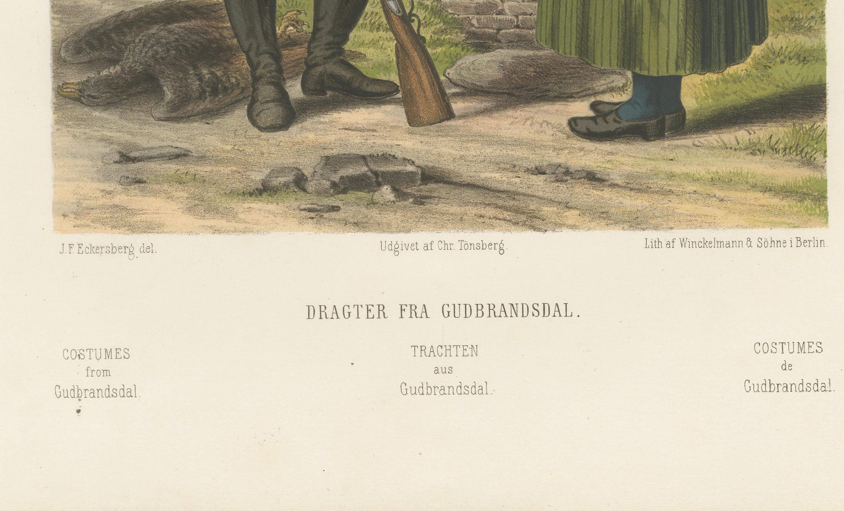 Norwegian Folk Costumes from Gudbrandsdal – Tonsberg Edition, 1860s

Description:
This expressive 19th-century chromolithograph depicts two figures in traditional regional dress from Gudbrandsdal, a prominent valley in central Norway known for its