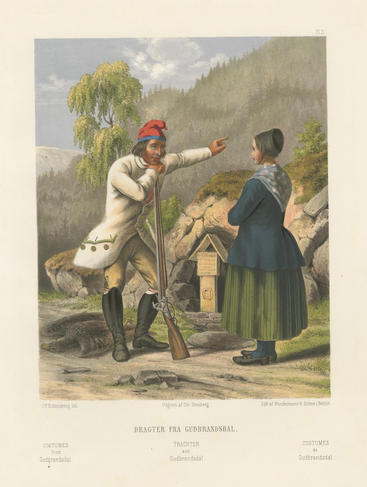 Paper Norwegian Hunter and Woman in Gudbrandsdal Dress – Tonsberg Edition, c.1860 For Sale