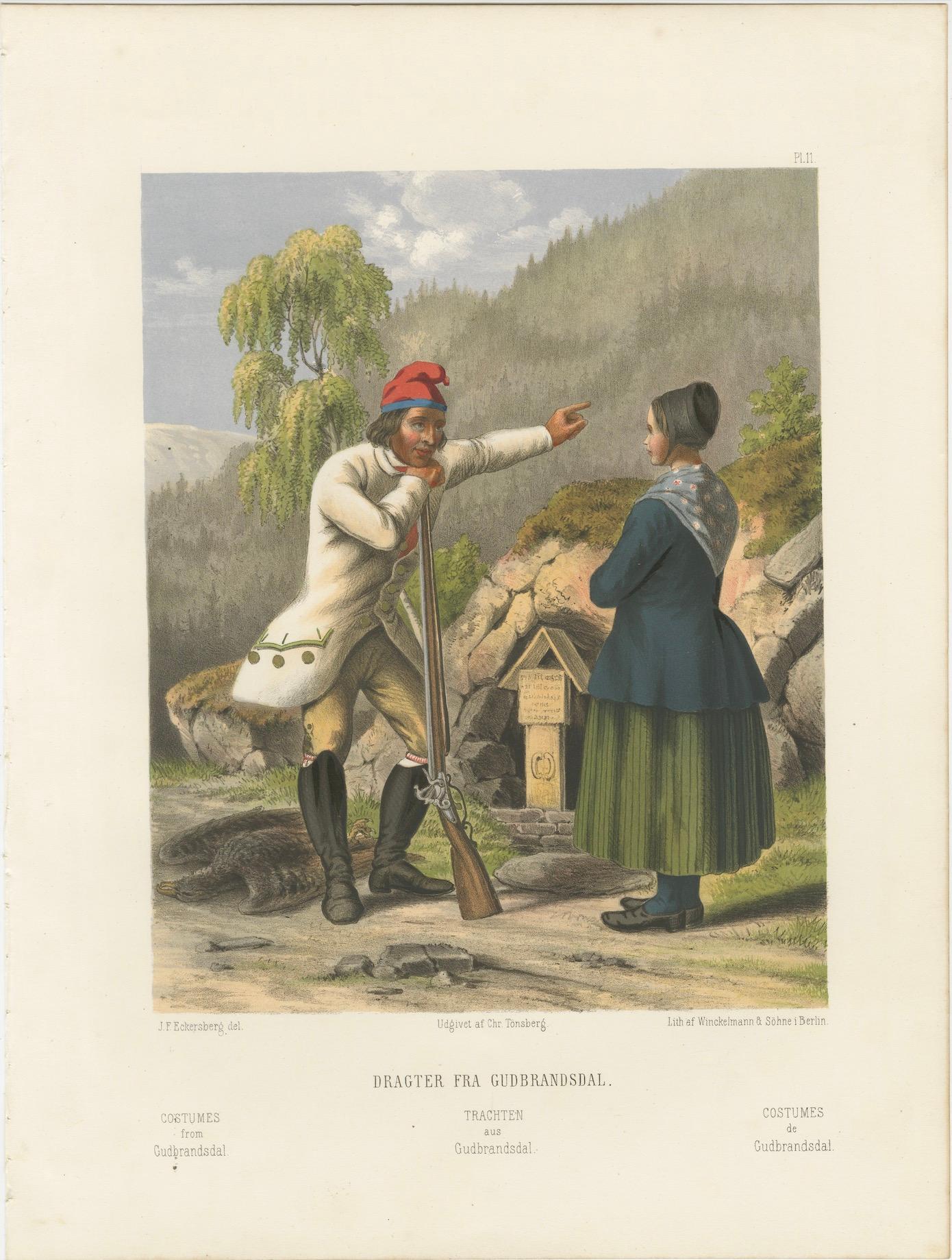 Norwegian Hunter and Woman in Gudbrandsdal Dress – Tonsberg Edition, c.1860 For Sale 1
