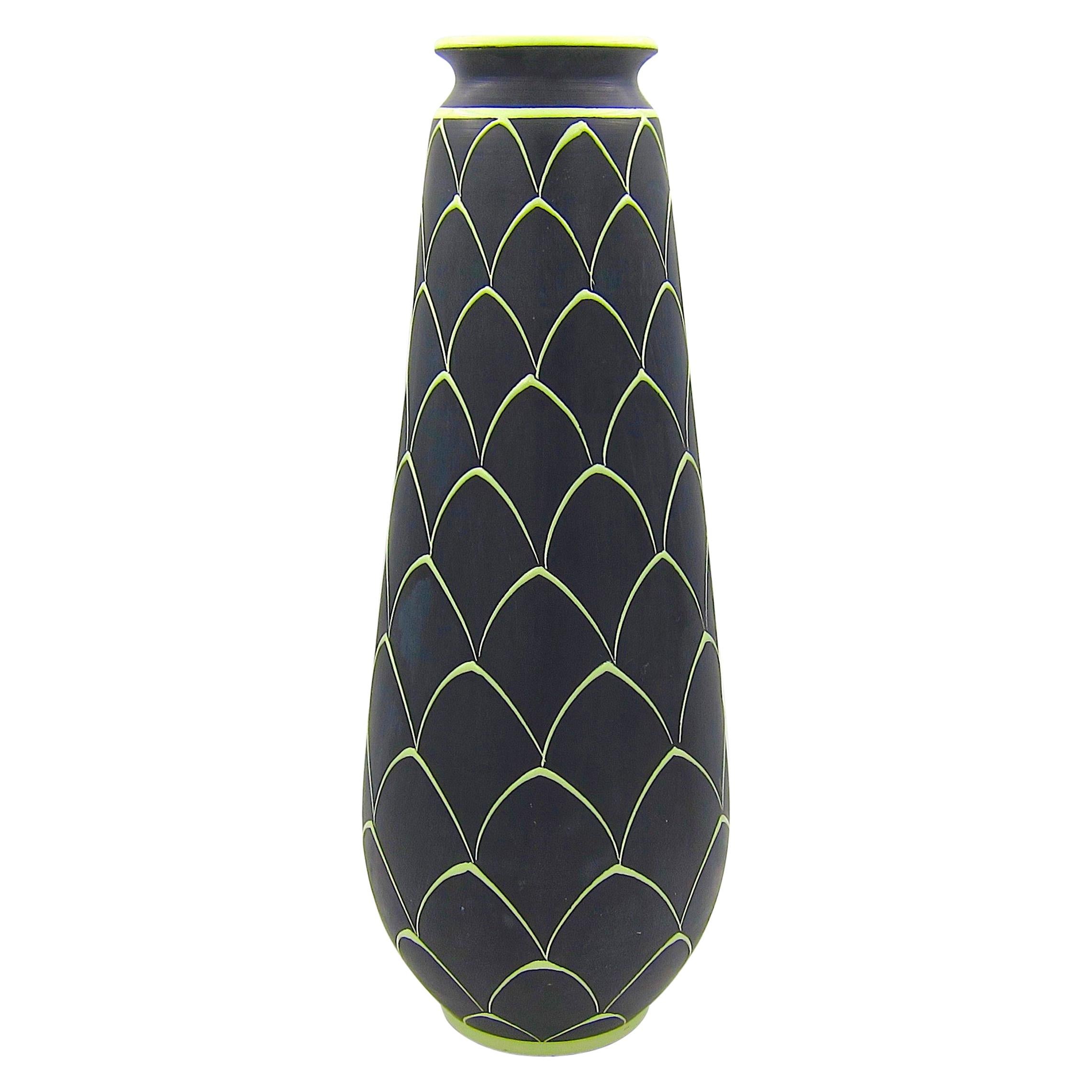 Norwegian Larholm Keramikk Scandinavian Modern Vase in Black and Green, 1950s