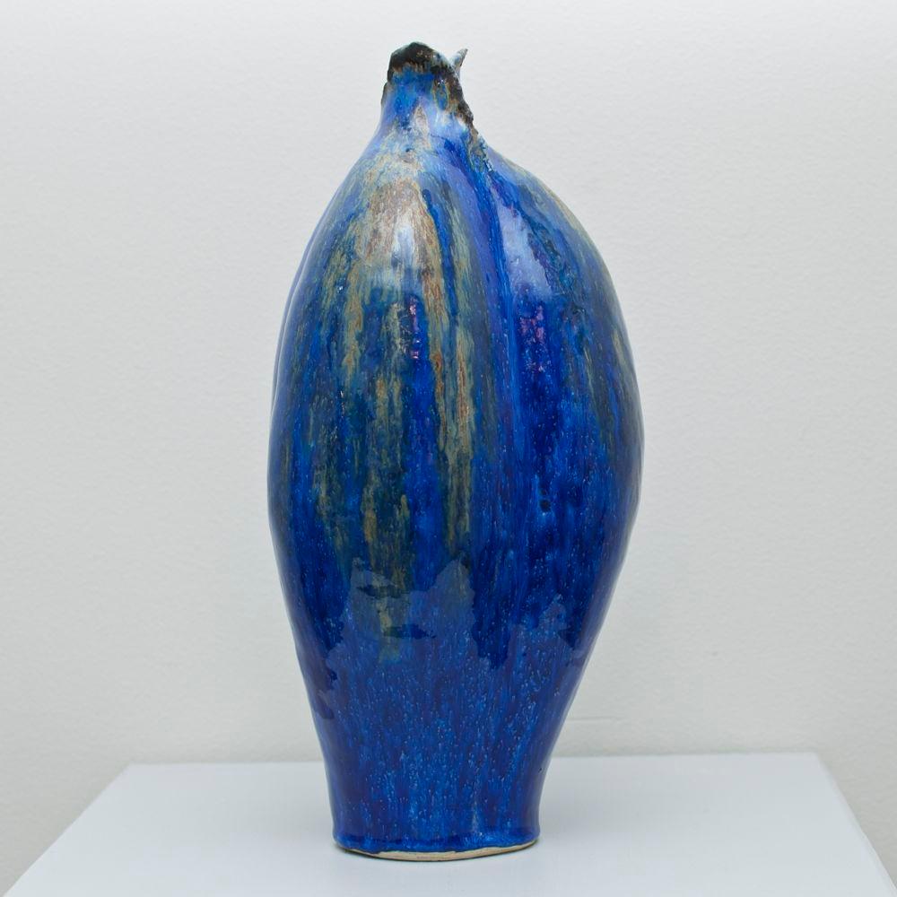 Glazed Norwegian Mid-Century Modern LH Myrdham Sculpture Art Vase Ceramic Blue Glaze For Sale