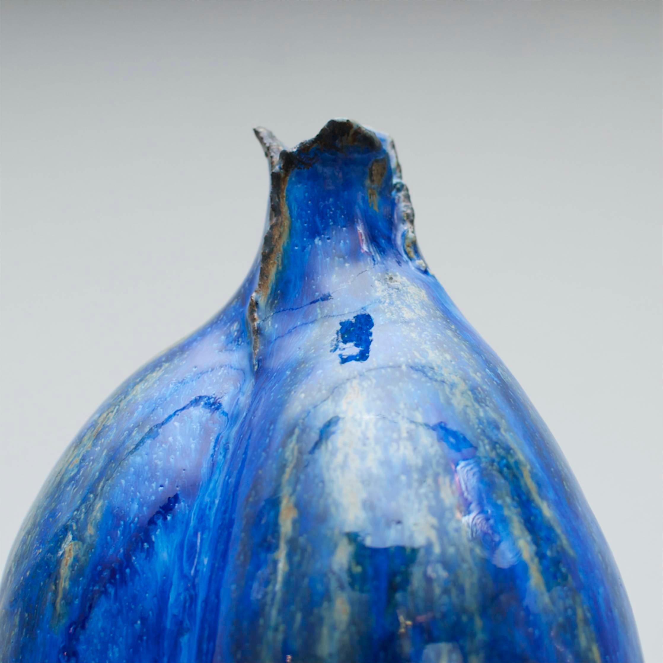 Late 20th Century Norwegian Mid-Century Modern LH Myrdham Sculpture Art Vase Ceramic Blue Glaze For Sale