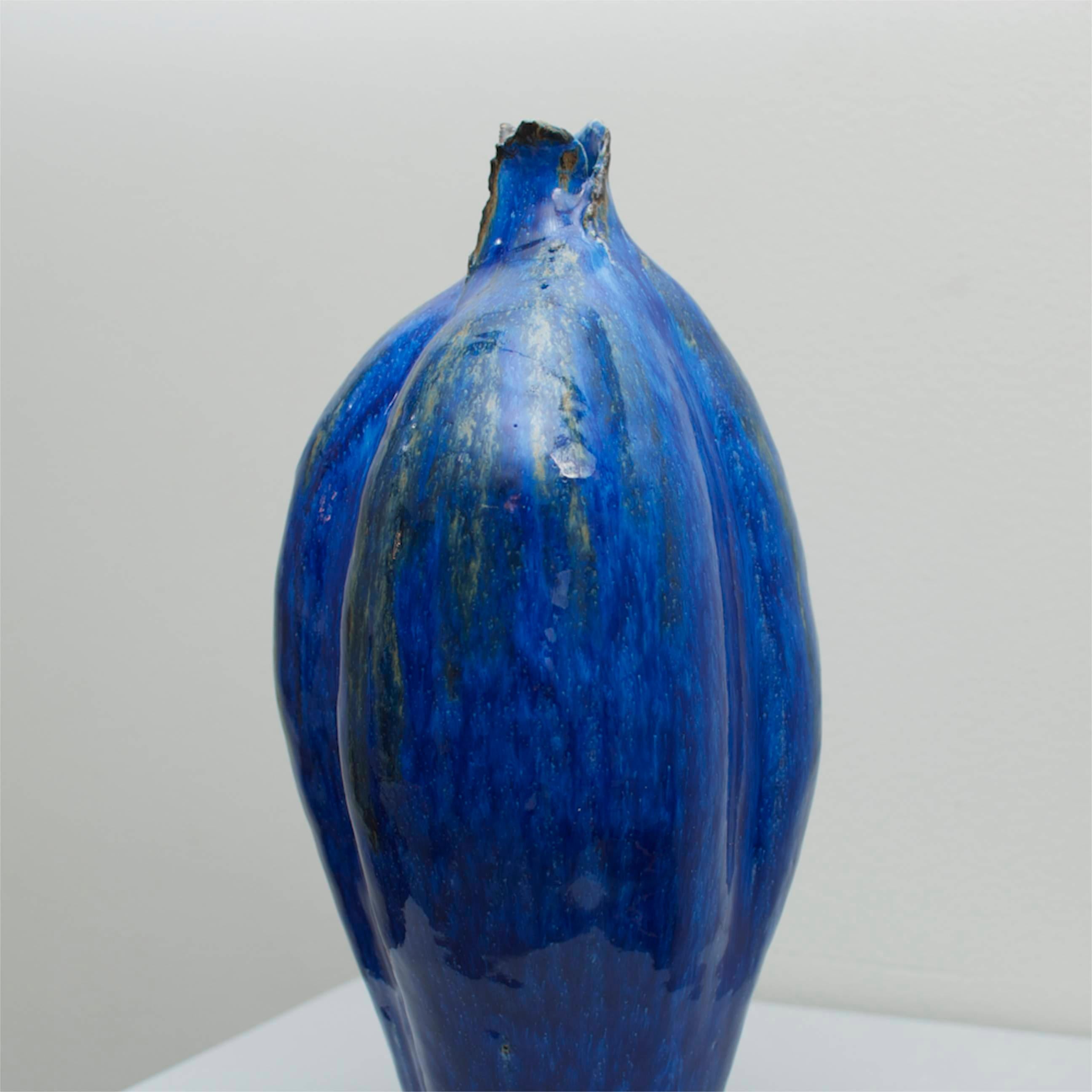 Norwegian Mid-Century Modern LH Myrdham Sculpture Art Vase Ceramic Blue Glaze For Sale 1