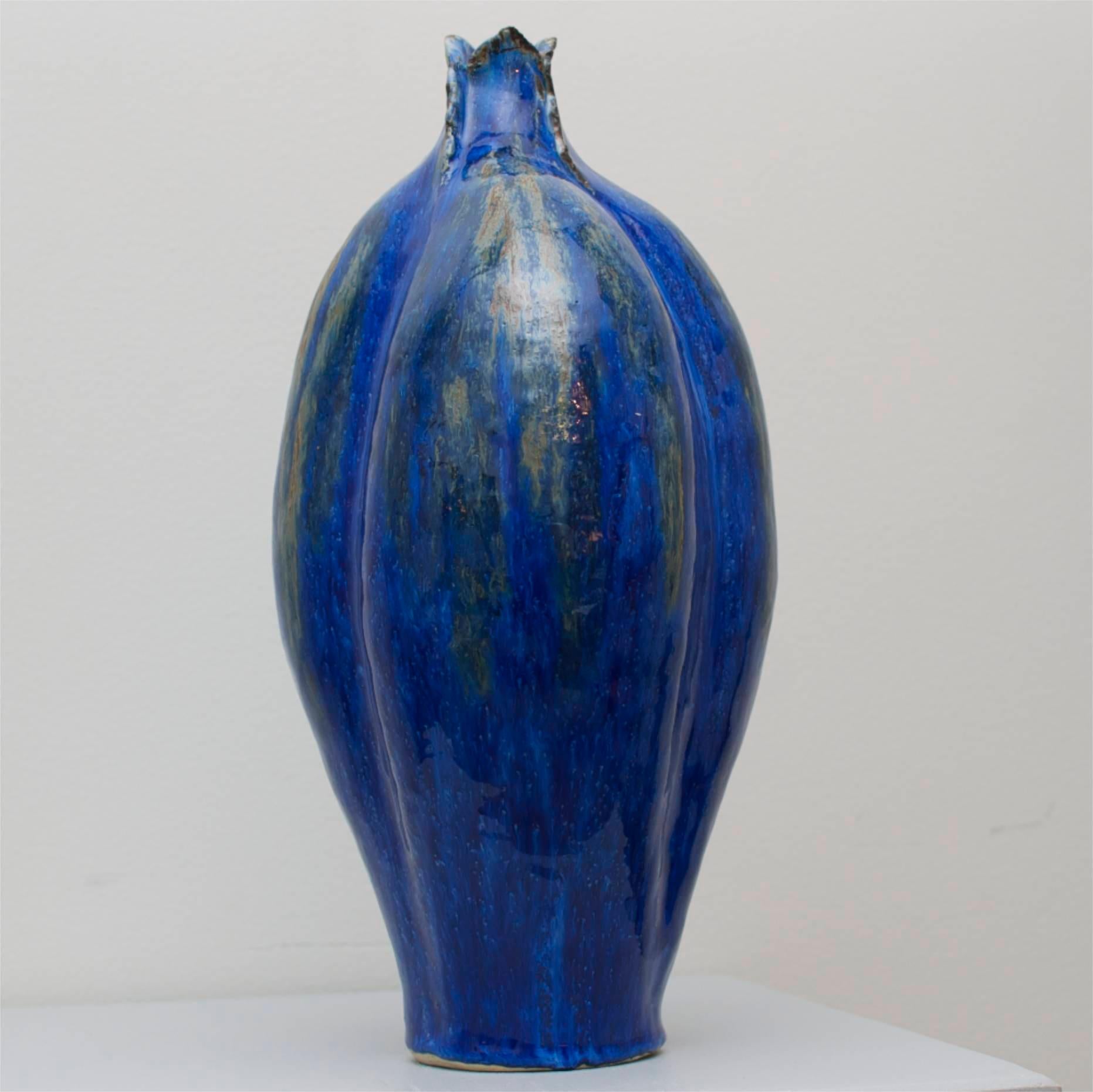 Norwegian Mid-Century Modern LH Myrdham Sculpture Art Vase Ceramic Blue Glaze For Sale 2