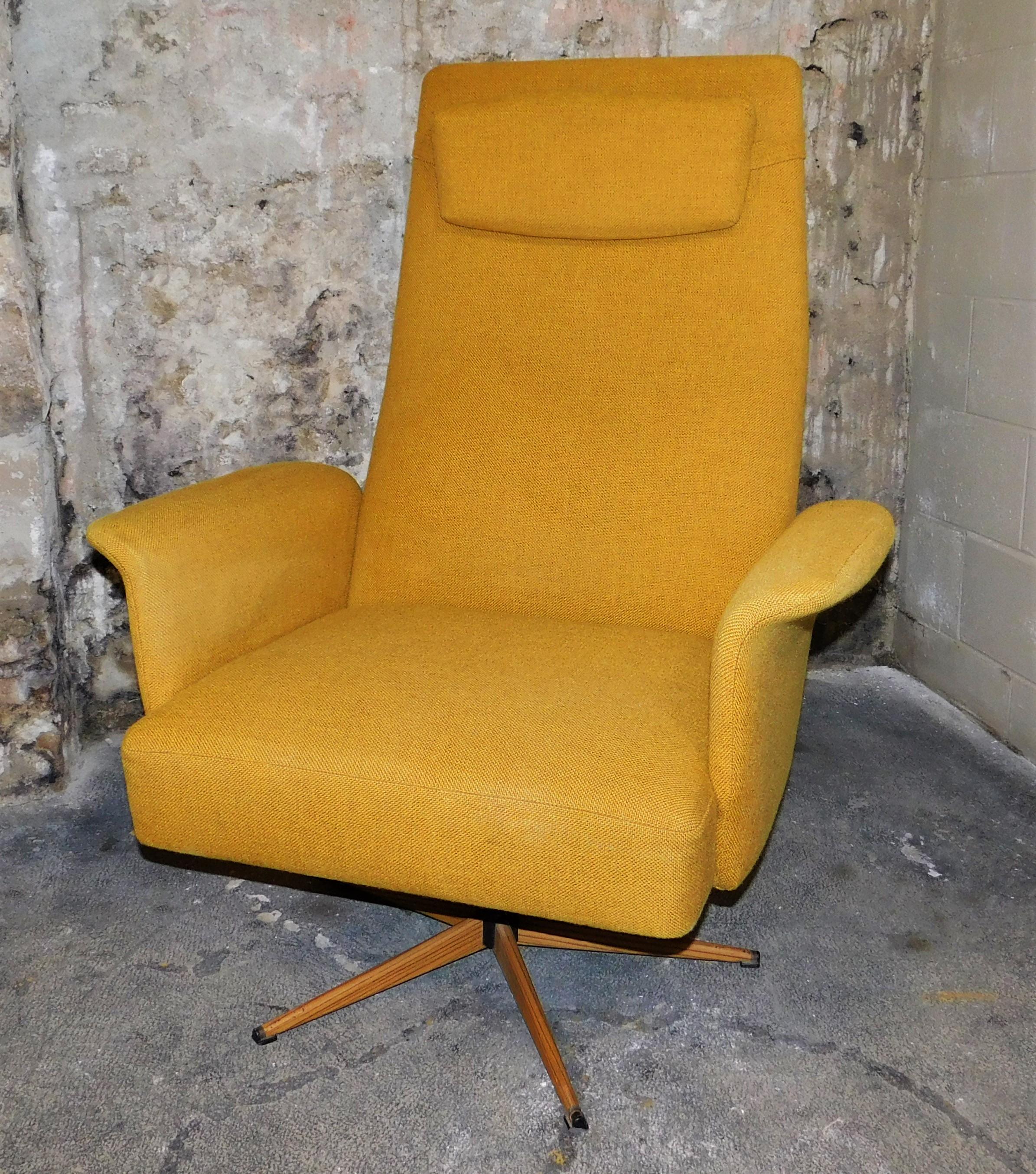 Mid-Century Modern Stokke Fabrikker adjustable lounge chair/armchair. Wing back arms, head cushion and seat adjustment lever control which will lock seat into place. Vibrant yellow fabric.