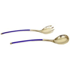 Vintage Norwegian Mid Century Sterling and Blue Enamel Serving/Salad Set by Thune