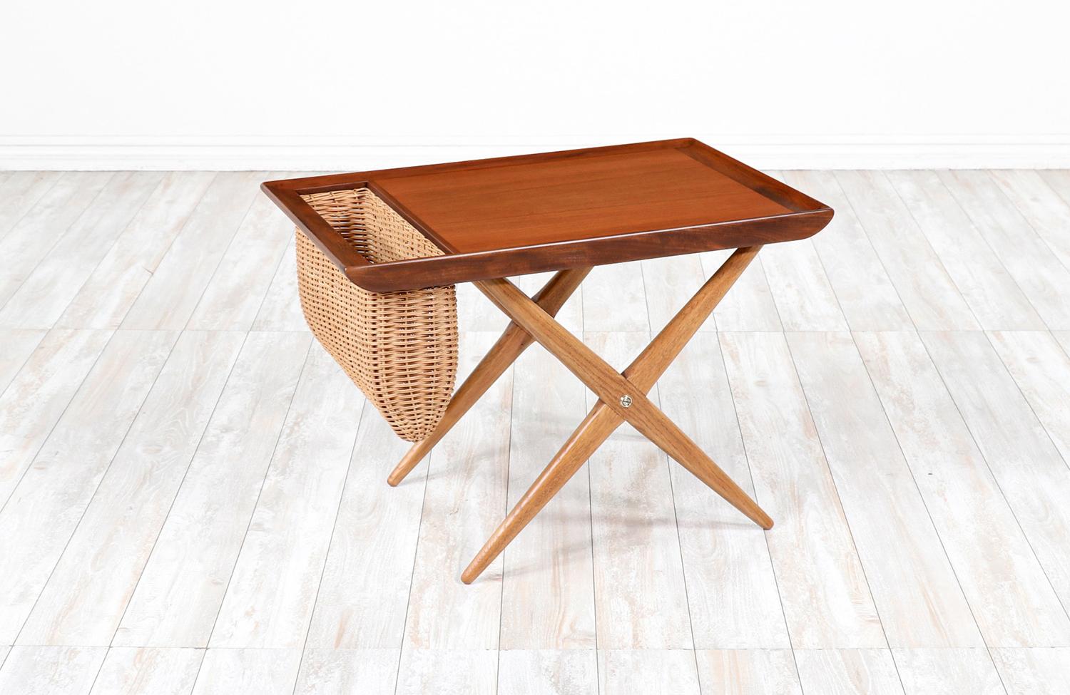 Scandinavian Modern Expertly Restored - Norwegian Modern Sculpted Side Table with Magazine Basket For Sale