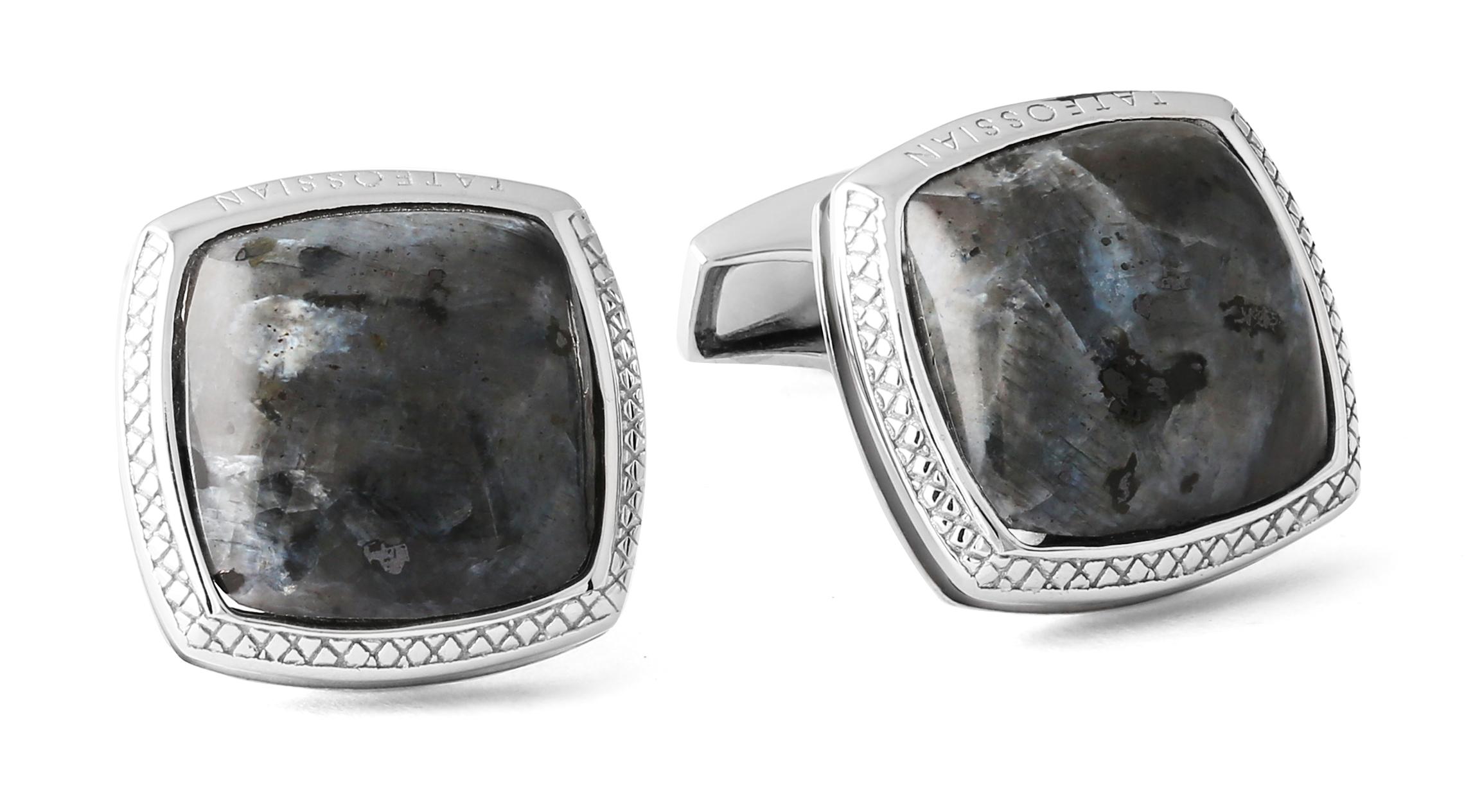 Showcase your individuality with these unique cufflinks, featuring flashes of iridescent blue, pearlescent grey patches and interspersed with deep patches of black. Also known as Larvikite, this stone hails from the fiord region of Larvik, Norway