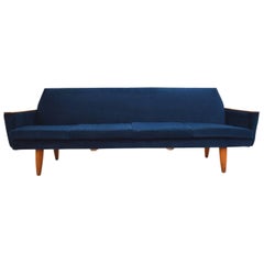 Norwegian Navy Blue Velvet and Teak Four-Seat Sofa Midcentury, 1960s