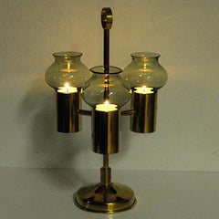 Norwegian Odel Brass Candleholder Three Arms with Green Glass Shades, 1960s