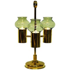 Vintage Norwegian Odel Brass Candleholder Three Arms with Green Glass Shades, 1960s
