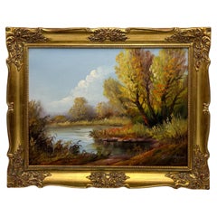 Óleo noruego "Paisaje de otoño", Óleo sobre lienzo, Firmado