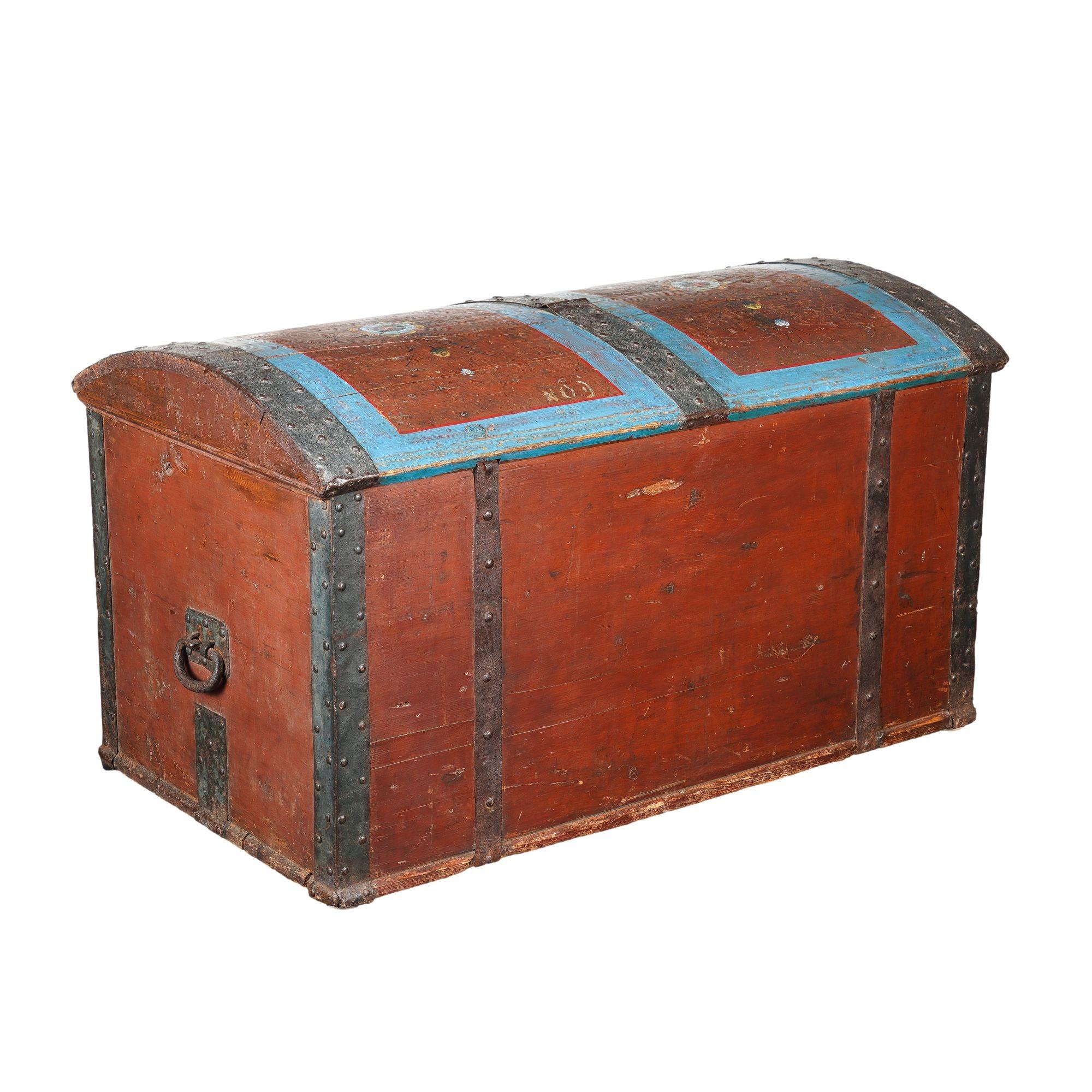 18th Century Norwegian painted pine coffer top trunk with original painted decoration, 1783