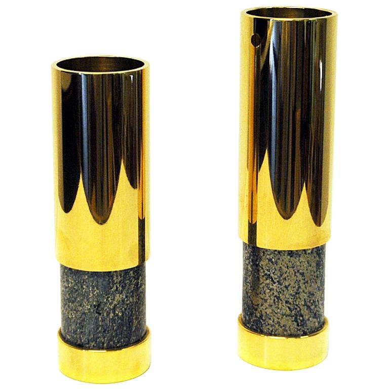 Norwegian Pair of Brass and Stone Vases by Saulo, 1970s, Norway