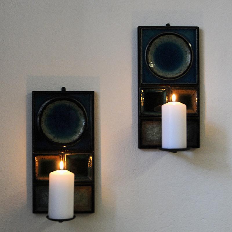 Scandinavian Modern Norwegian Pair of Glazed Ceramic Tiles Wall Candleholders by Konrad Galaaen 1960