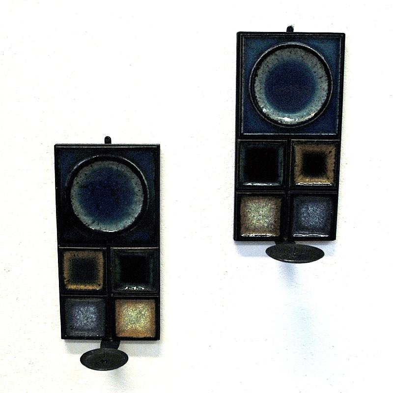 Norwegian Pair of Glazed Ceramic Tiles Wall Candleholders by Konrad Galaaen 1960 In Good Condition In Stockholm, SE