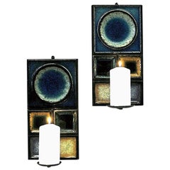 Norwegian Pair of Glazed Ceramic Tiles Wall Candleholders by Konrad Galaaen 1960