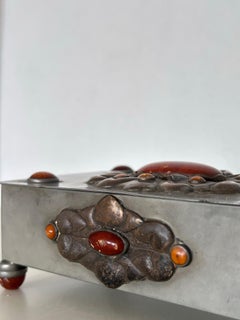 Norwegian Pewter Box with Silver and Amber Details, Mahogany Interior Circa 1900