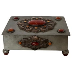 Norwegian Pewter Box with Silver and Amber Details, Mahogany Interior Circa 1900