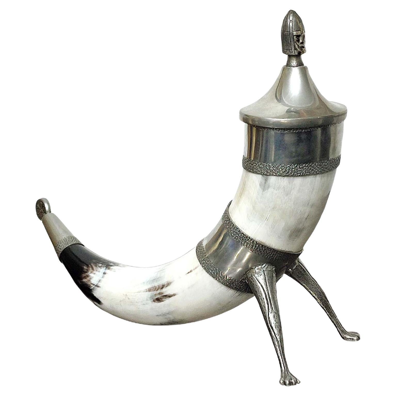 Norwegian Pewter Drinking Horn, with Lid, Viking Style, 1960s