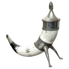 Vintage Norwegian Pewter Drinking Horn, with Lid, Viking Style, 1960s