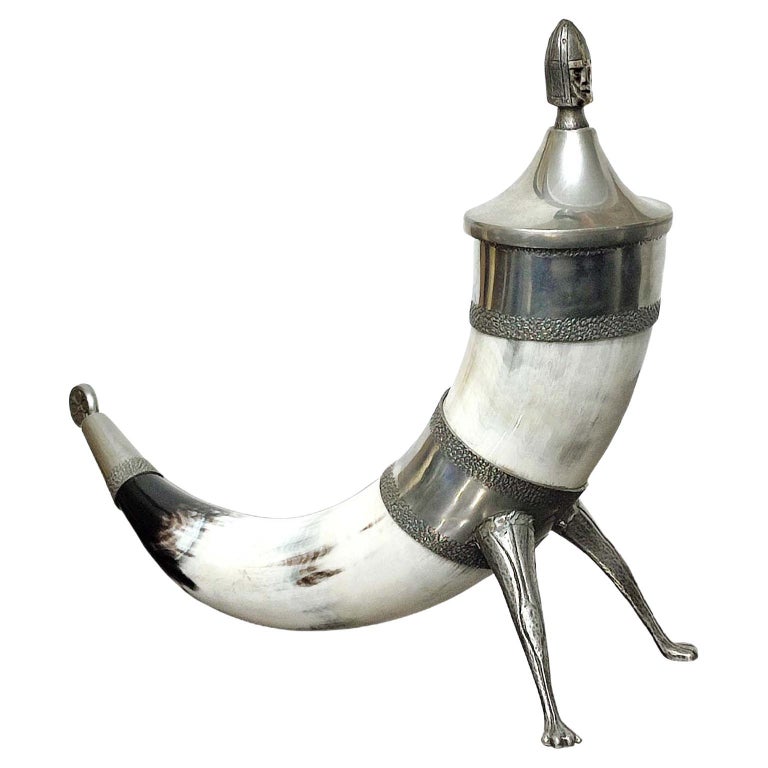 Norwegian Pewter Drinking Horn, with Lid, Viking Style, 1960s at 1stDibs