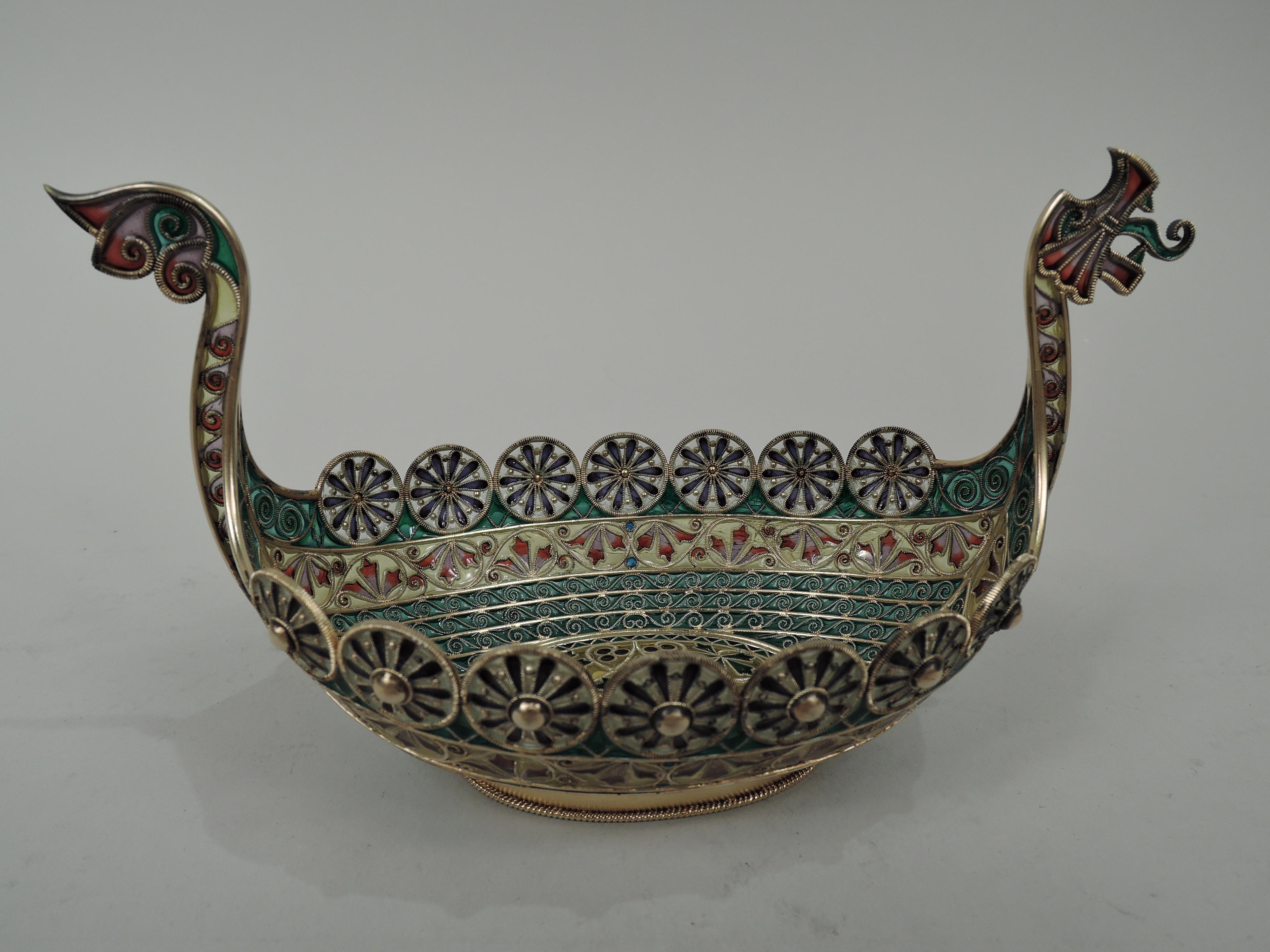 Arts and Crafts Norwegian Plique À Jour Viking Longboat Bowl by David Andersen For Sale