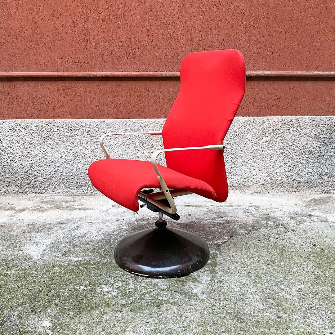 Norwegian post modern metal, wood and red fabric adjusting height armchair with armrests, 1980s.
Armchair with curved and padded seat, upholstered in original red fabric, with metal armrests and wooden base with the possibility of adjusting the
