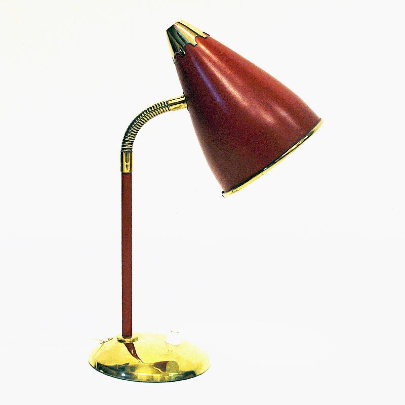 Scandinavian Modern Norwegian Red Desk Lamp of Brass and Metal 1950s
