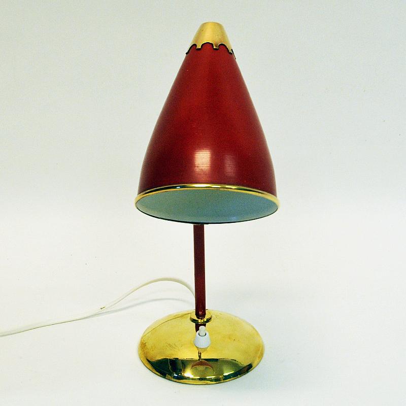 Polished Norwegian Red Desk Lamp of Brass and Metal 1950s