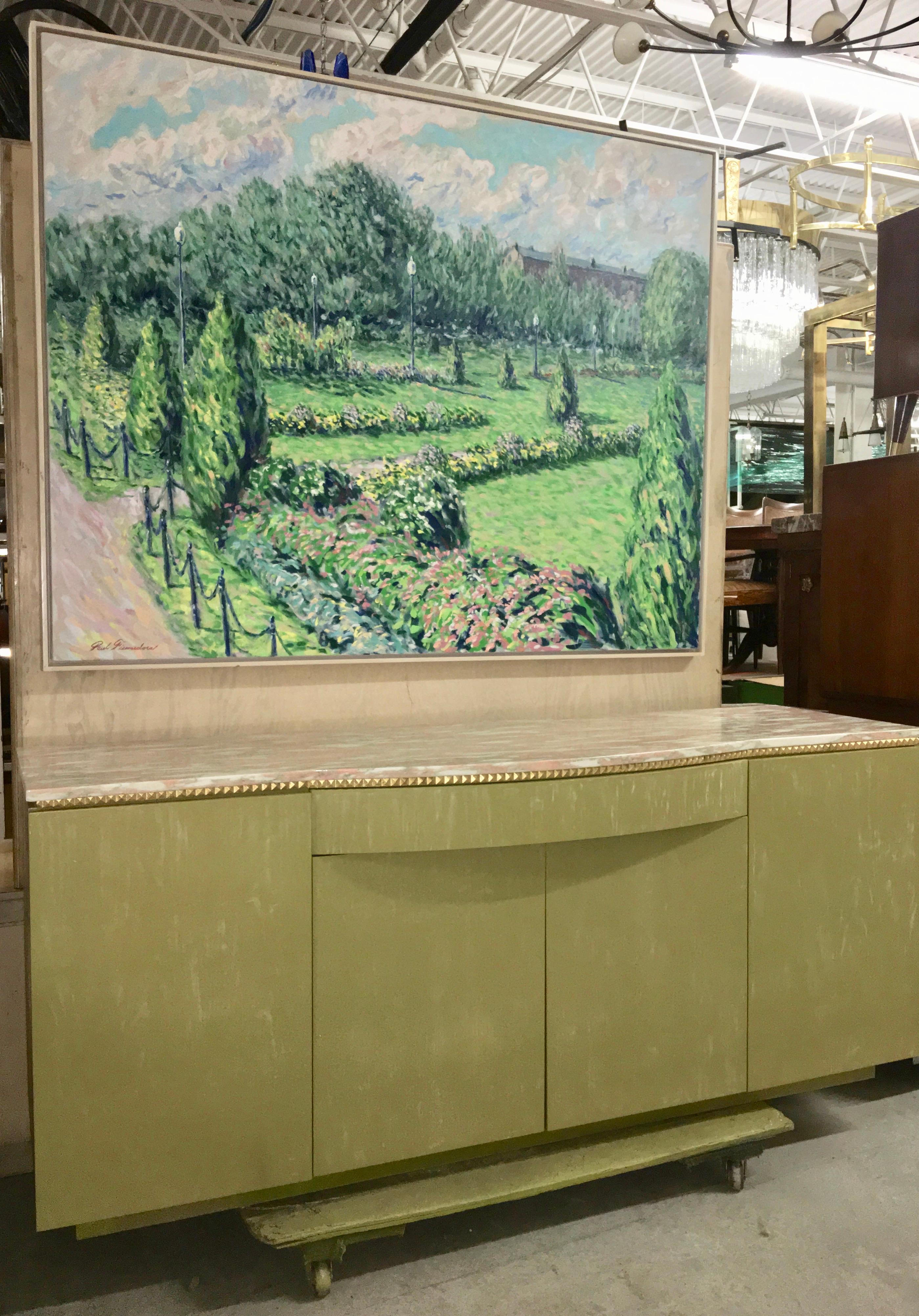 Norwegian Rose Marble Top on Pistachio Green Lime Washed Buffet Cabinet For Sale 3