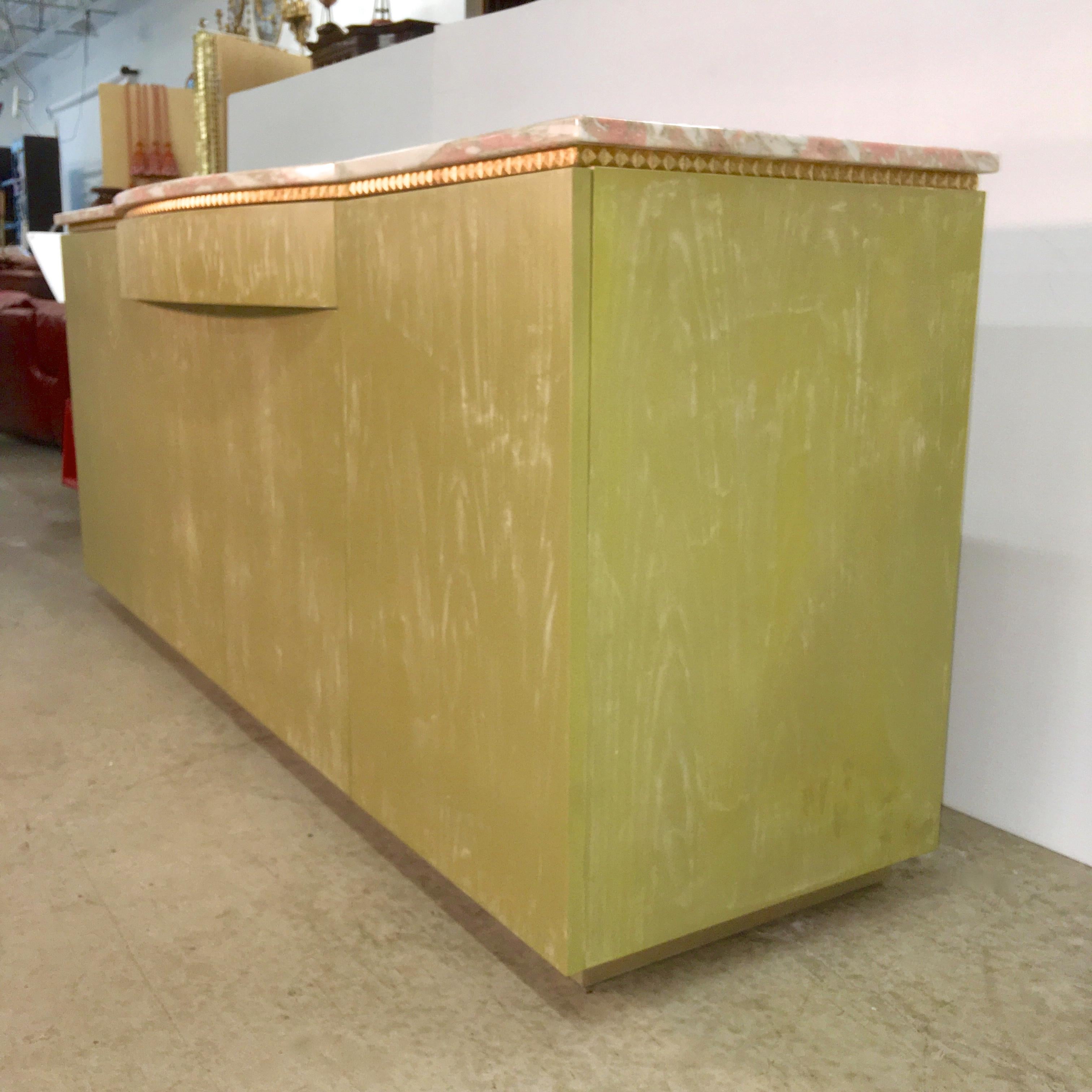 Norwegian Rose Marble Top on Pistachio Green Lime Washed Buffet Cabinet For Sale 4