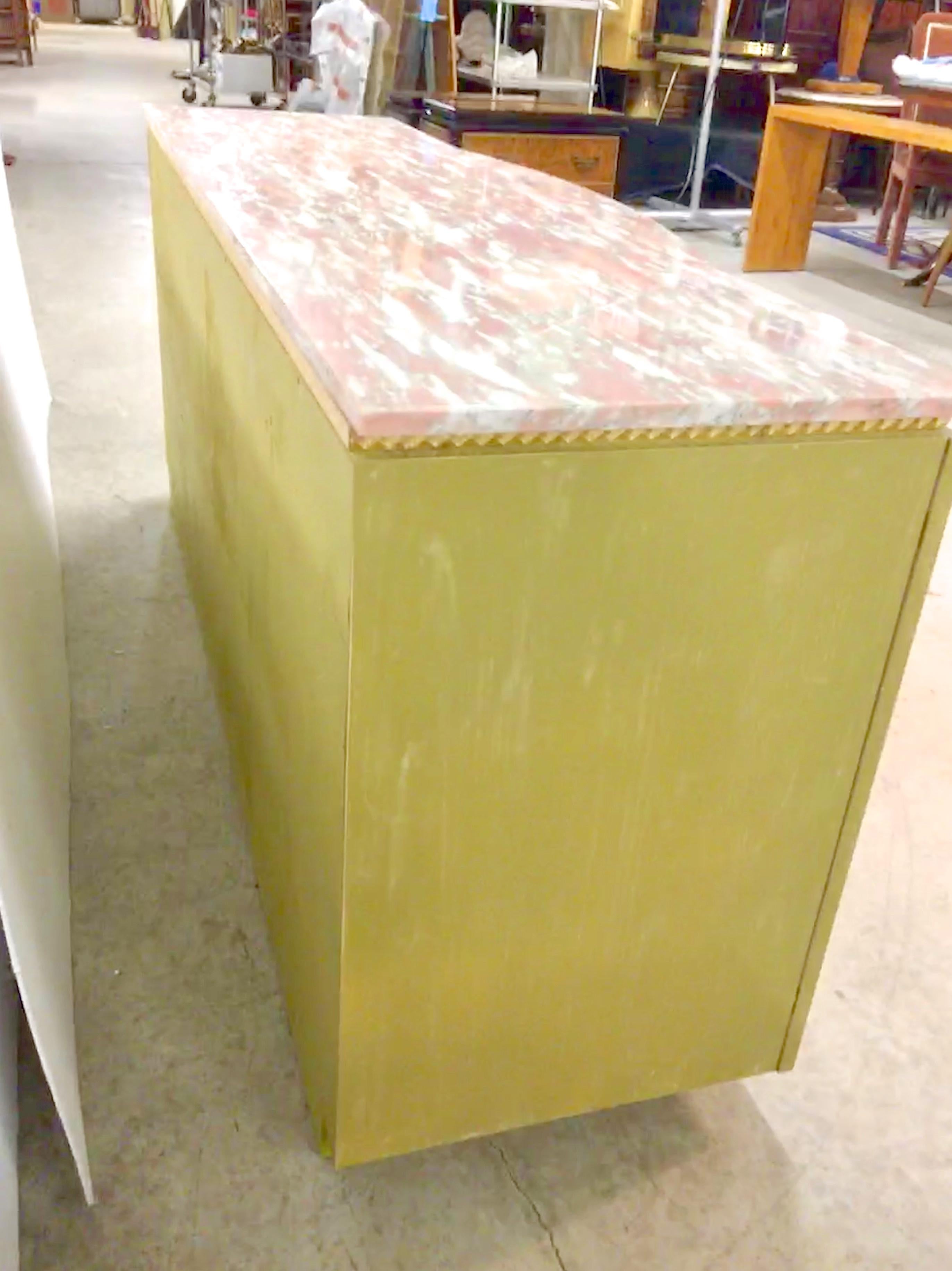 Norwegian Rose Marble Top on Pistachio Green Lime Washed Buffet Cabinet For Sale 7