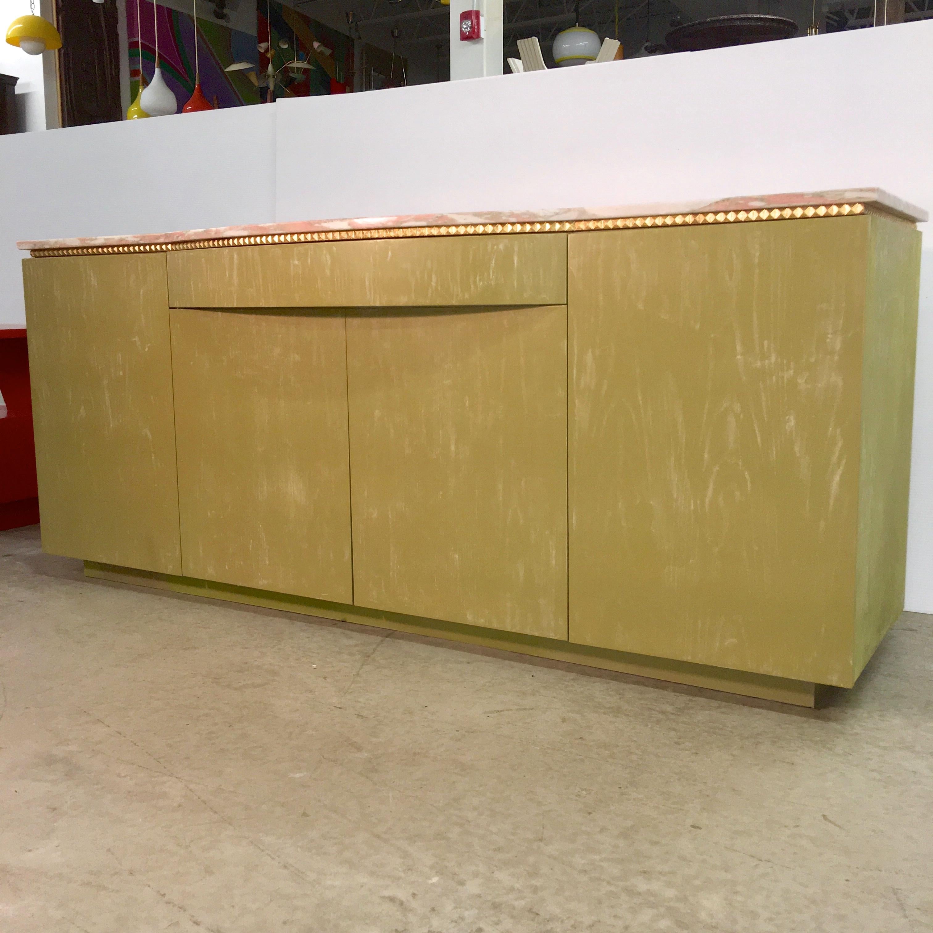 Norwegian Rose Marble Top on Pistachio Green Lime Washed Buffet Cabinet 8