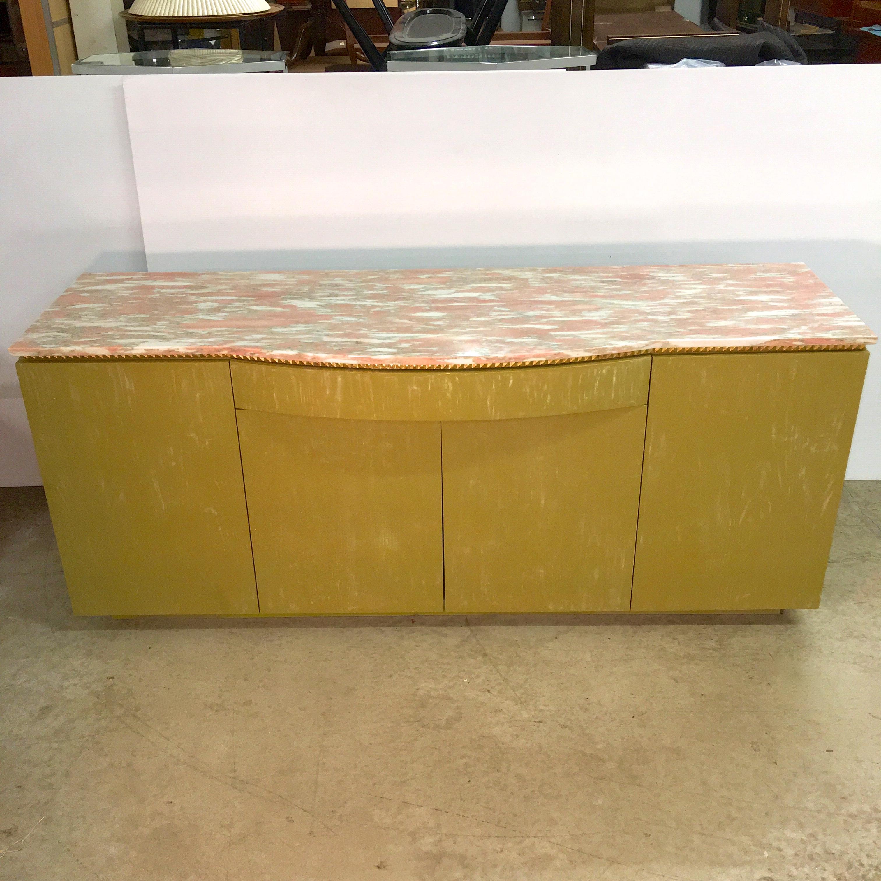 Norwegian Rose Marble Top on Pistachio Green Lime Washed Buffet Cabinet For Sale 10