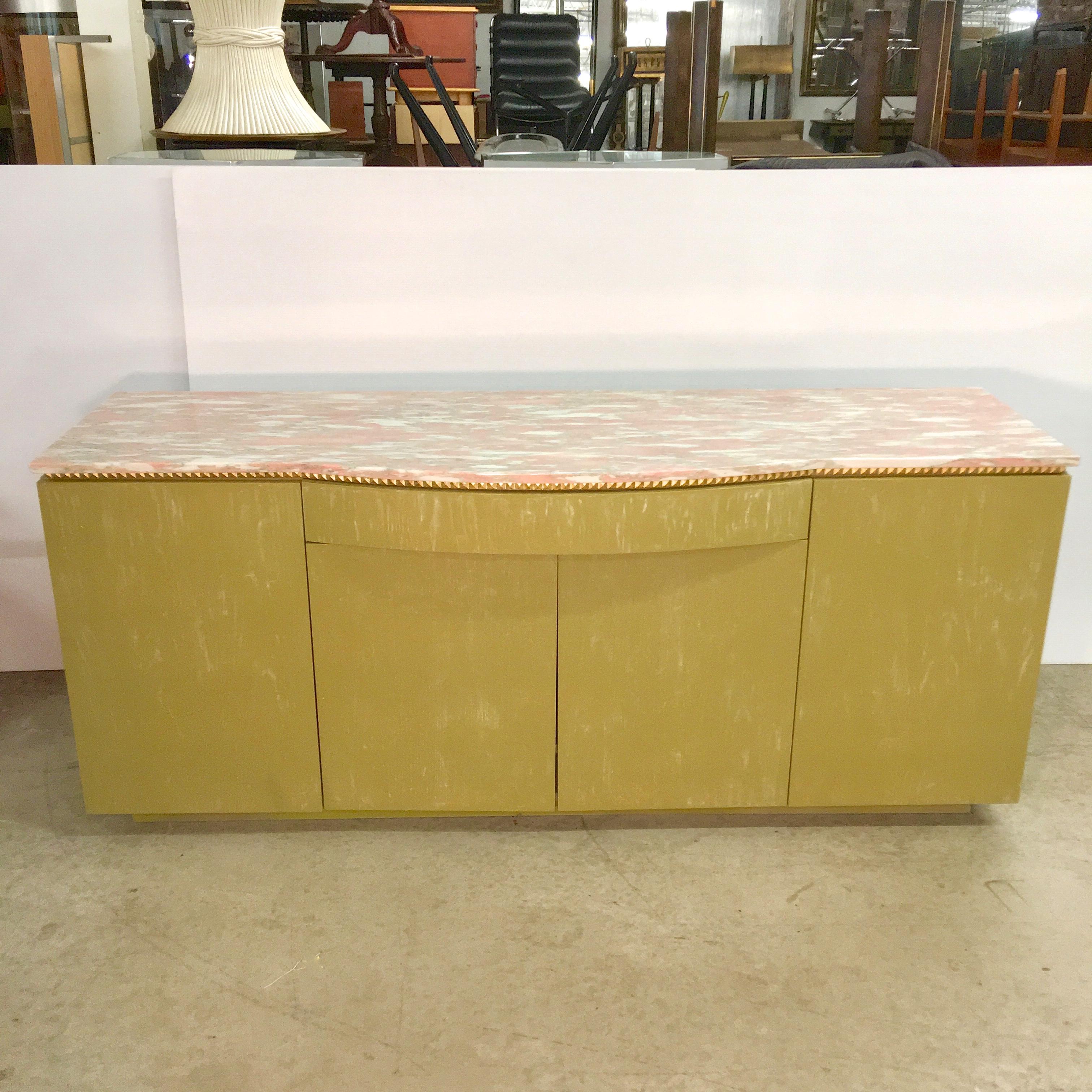 Norwegian Rose Marble Top on Pistachio Green Lime Washed Buffet Cabinet For  Sale at 1stDibs