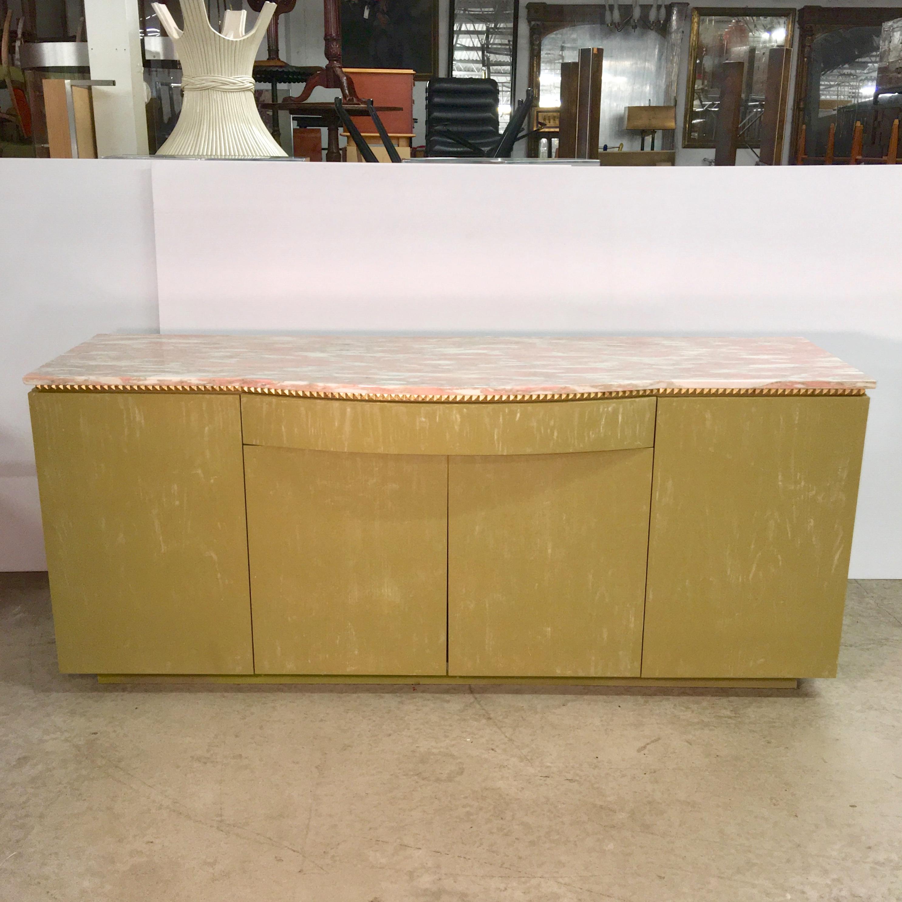 Norwegian Rose Marble Top on Pistachio Green Lime Washed Buffet Cabinet 11