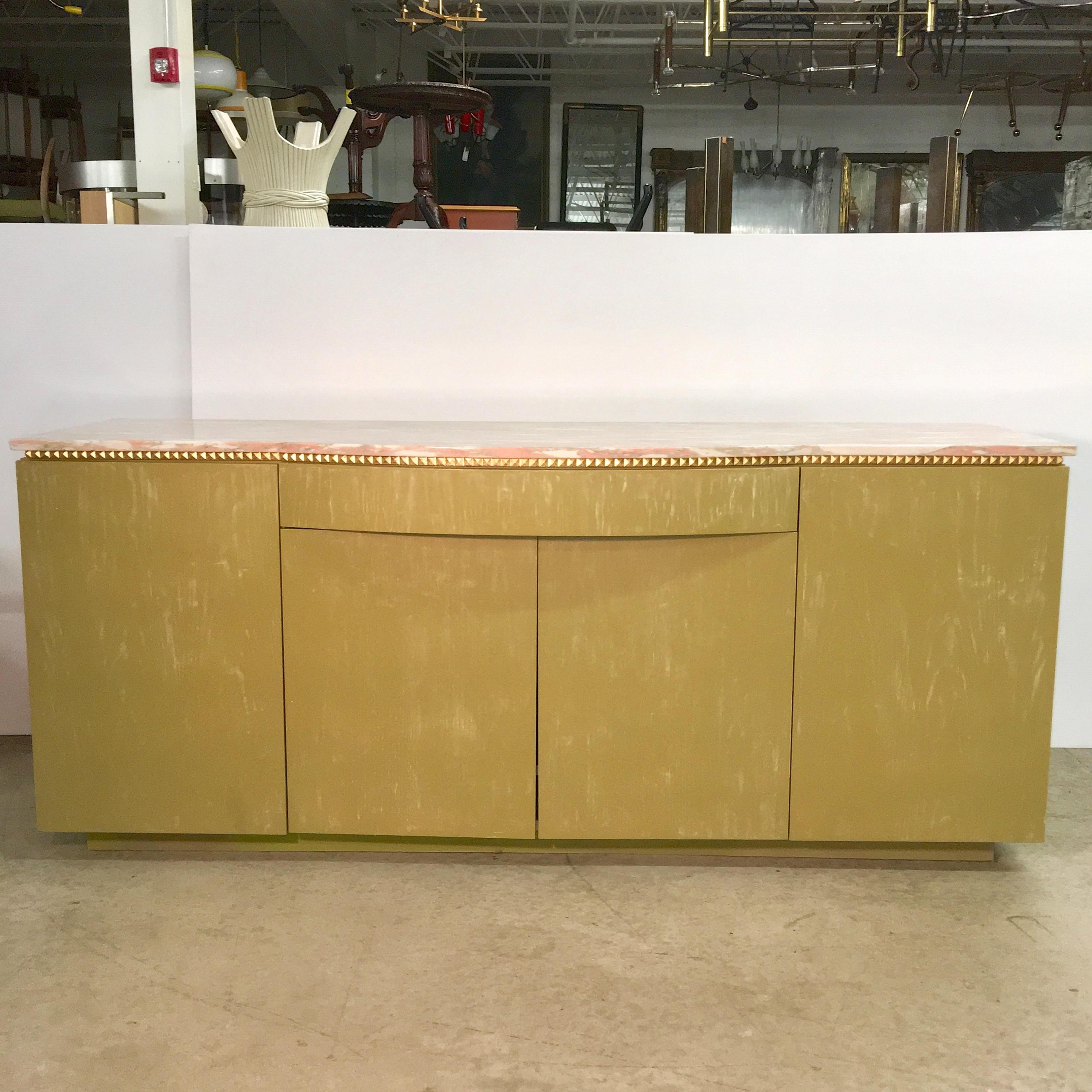 Mid-Century Modern Norwegian Rose Marble Top on Pistachio Green Lime Washed Buffet Cabinet For Sale