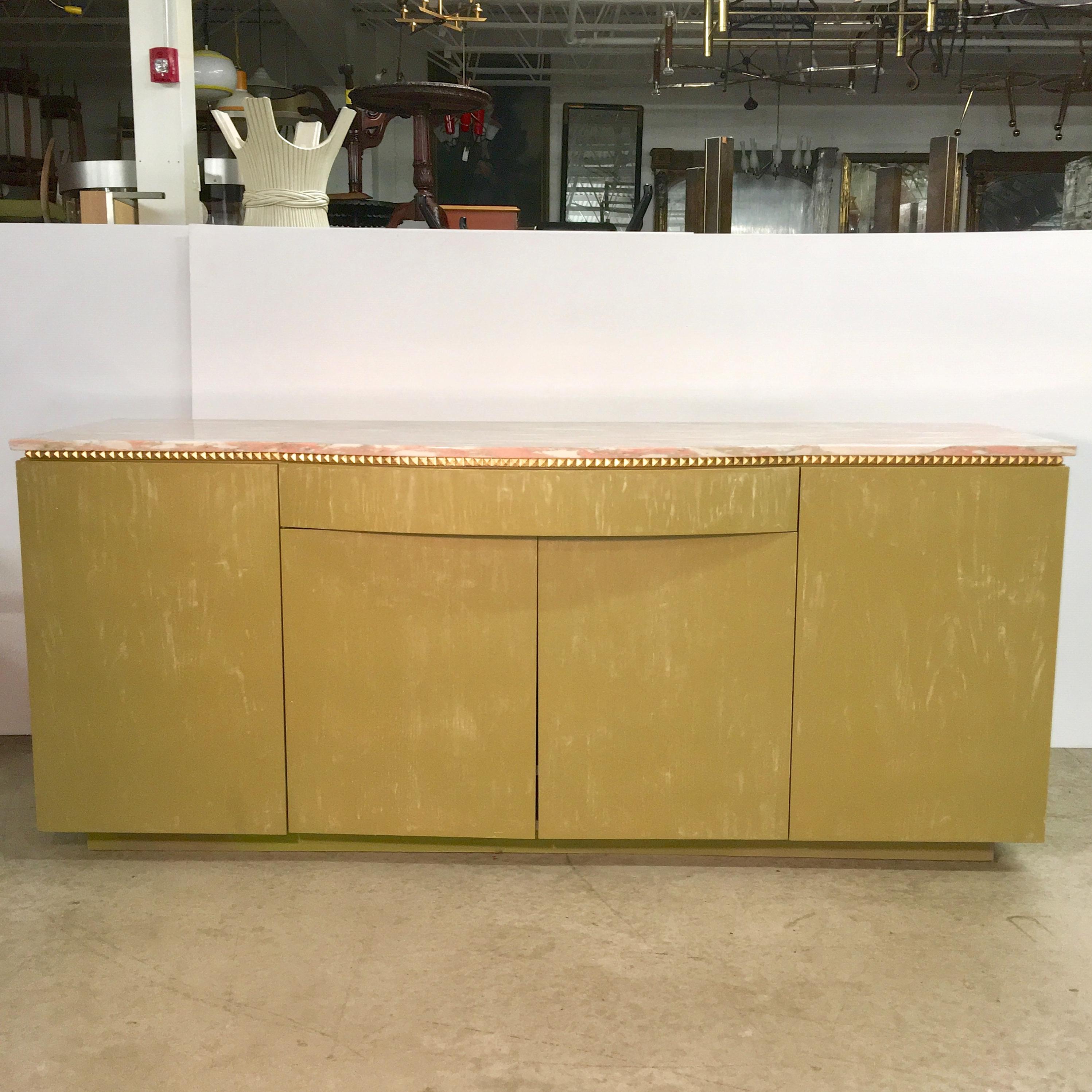 Mid-Century Modern Norwegian Rose Marble Top on Pistachio Green Lime Washed Buffet Cabinet