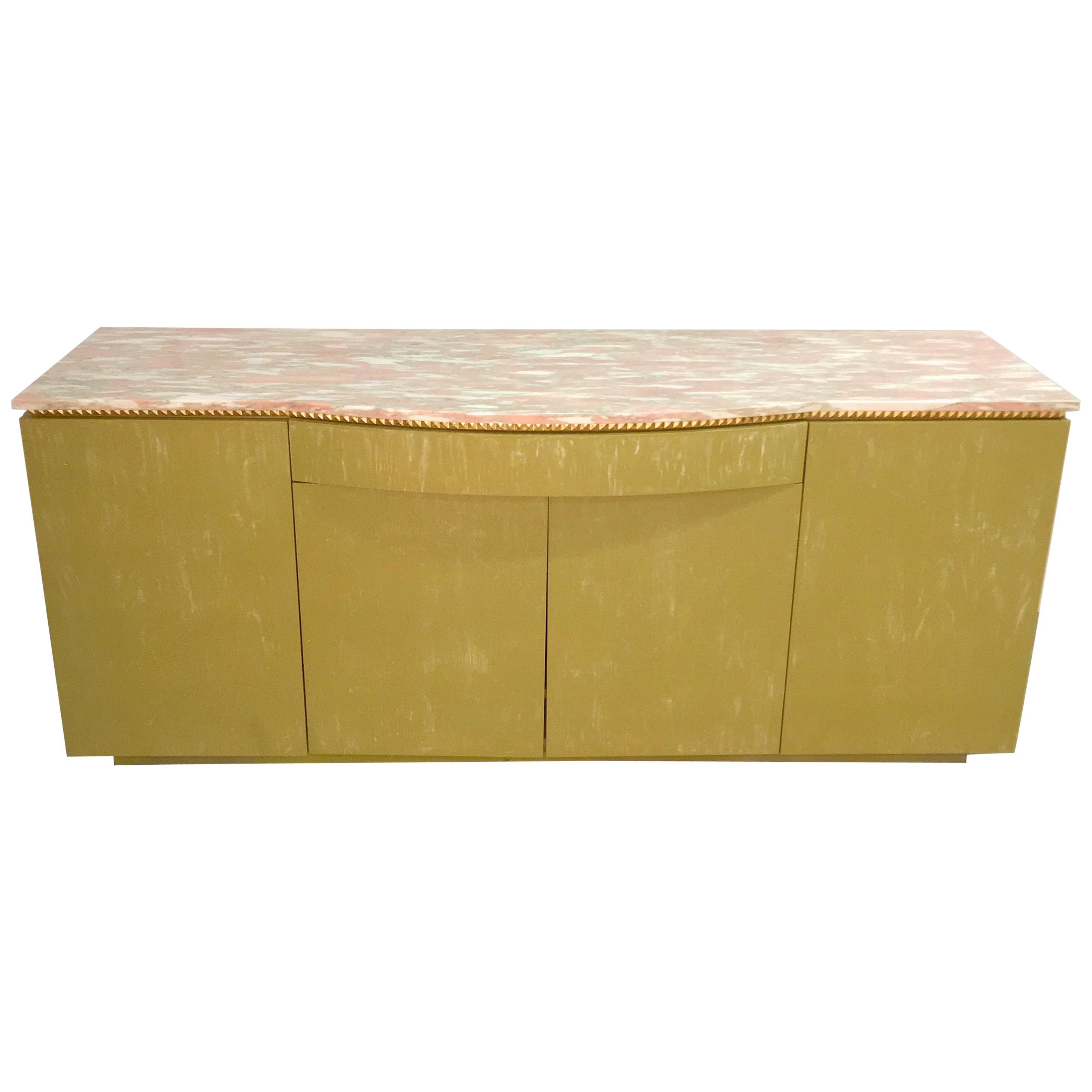 Norwegian Rose Marble Top on Pistachio Green Lime Washed Buffet Cabinet For Sale