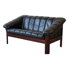 Norwegian Rosewood Black Leather Sofa by Ekornes