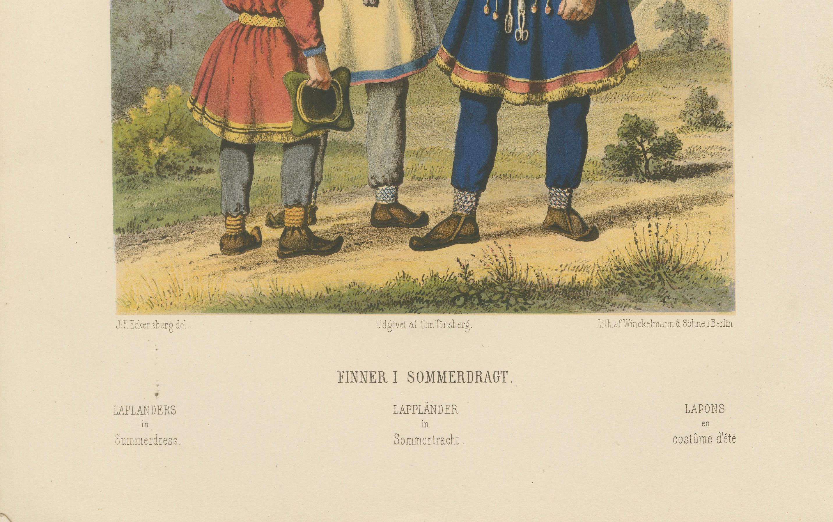 Laplanders in Summer Dress – Tonsberg Edition, 1860s

Description:
This 19th-century chromolithograph illustrates three Sámi men in their traditional summer dress, often referred to in the period as “Laplanders.” These indigenous people of northern