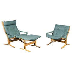 Vintage Norwegian Siesta Chair Set by Relling in Birch & Turquoise Leather for Westnofa