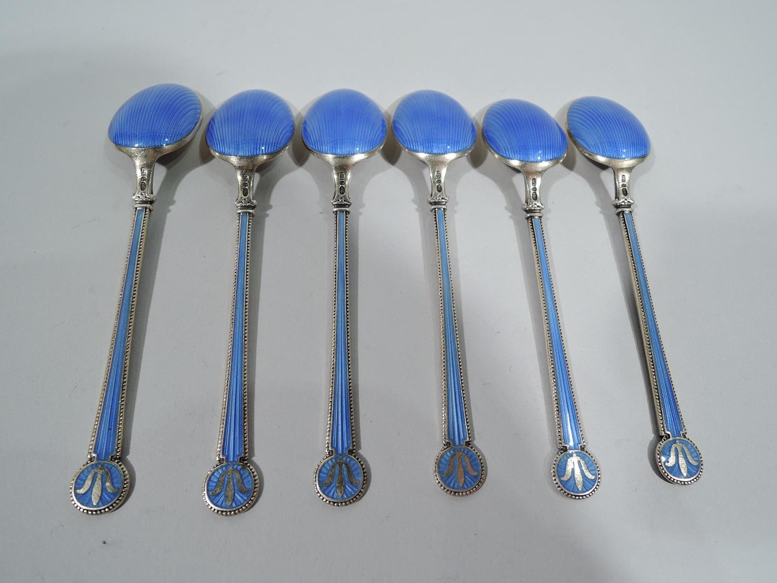 Set of 6 Art Deco Classical gilt sterling silver and enamel spoons. Made by David Andersen in Norway, ca 1920. Each: Tapering stem with double-sided enameled fluting and round terminal with gilt-fleur de lys on enameled radiating ground. Beaded