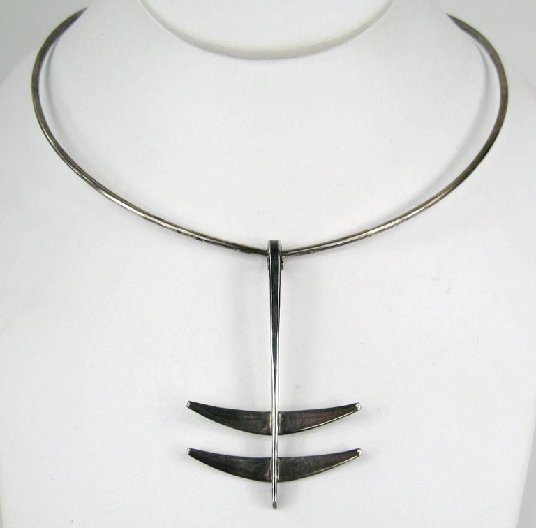 Norwegian Design sterling silver handmade Necklace. Vintage designer necklace by Anna Greta Eker mid century, modernist, 1960s with original box. Sleek Modernist design Collar with drop. The Collar will fit a variety of neck sizes, open in the back